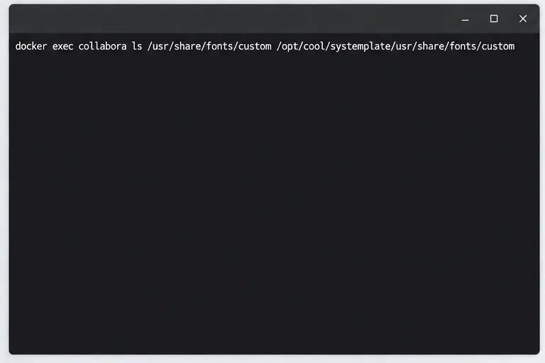 Una terminal que muestra un comando docker exec que lista ambos directorios custom-font dentro de un contenedor Collabora.
