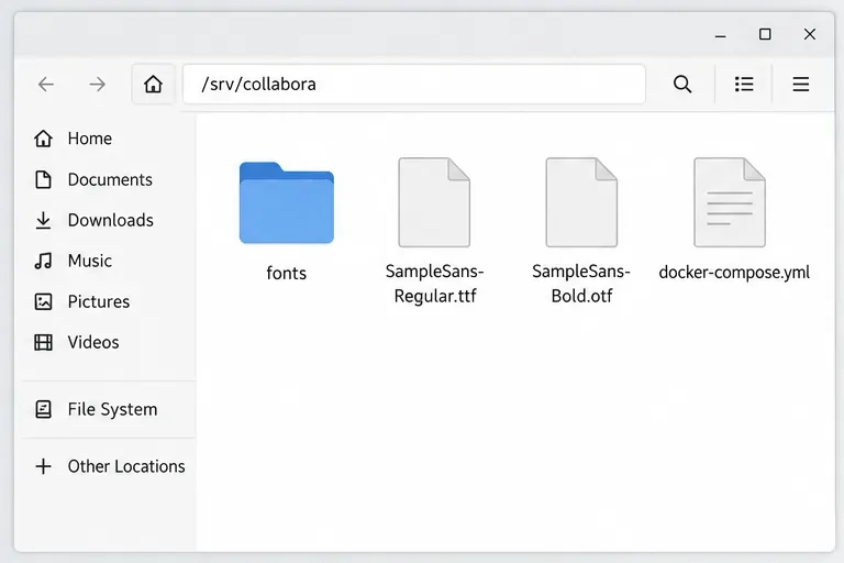 Un gestor de archivos en /srv/collabora que muestra una carpeta de fuentes, dos archivos de fuentes de ejemplo y el archivo docker-compose.yml.