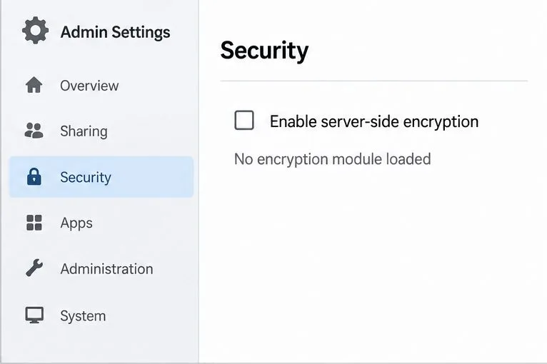 Nextcloud 관리 보안 페이지에서 '서버 측 암호화 활성화' 확인란이 선택되어 있고 모듈 상태가 '없음'으로 표시됩니다.