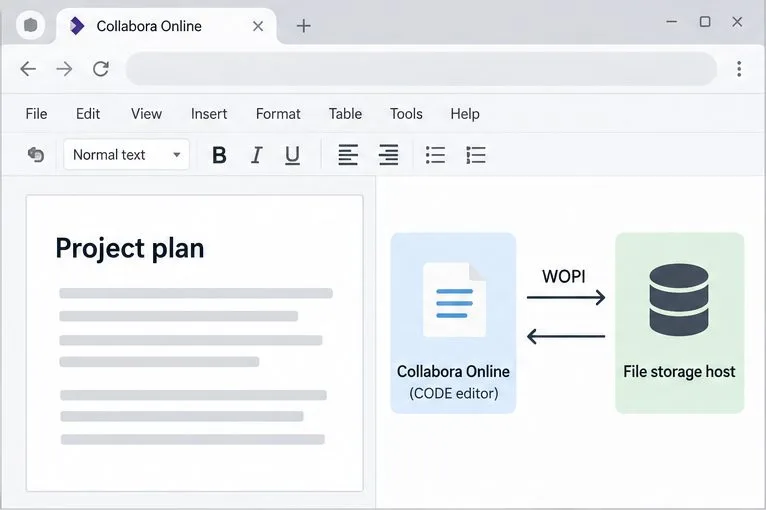 WOPI를 통해 별도의 파일 저장 호스트에 연결된 Collabora Online 문서 편집기