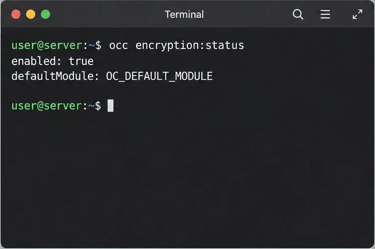 occ encryption:status 명령어의 터미널 출력 결과는 enabled가 true이고 기본 암호화 모듈이 표시됨을 보여줍니다.