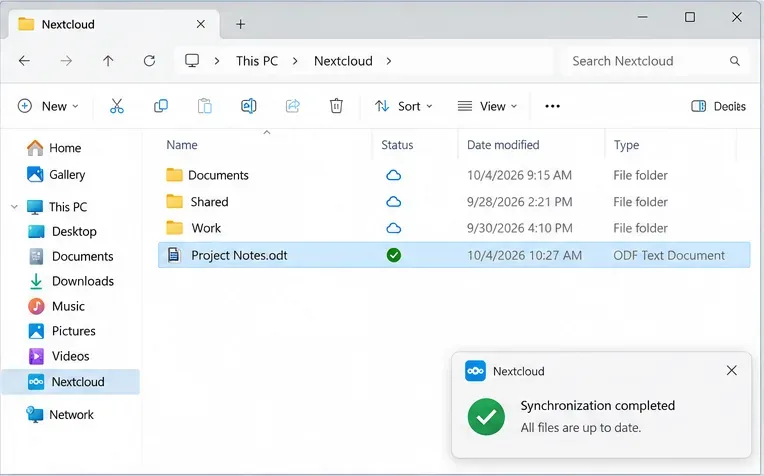 Windowsのエクスプローラーで表示したNextcloudフォルダーの例。Project Notes.odtが同期済みステータスで、Nextcloudが同期完了を報告している状態です。