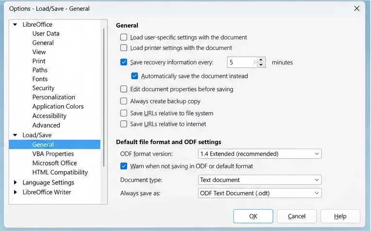 LibreOfficeの読み込み/保存の一般オプションの例。5分ごとに自動回復情報を保存する設定と、ドキュメントを自動的に保存する設定が有効になっています。