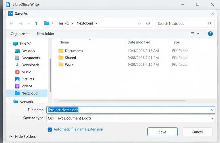 LibreOfficeドキュメントをNextcloudに直接自動保存する方法