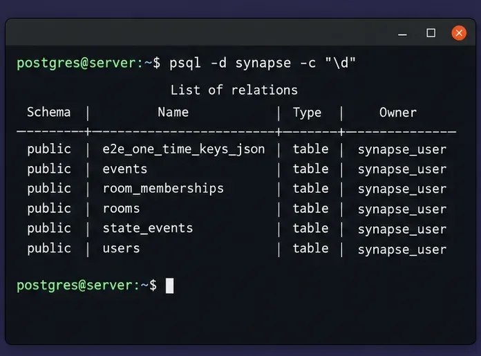 Synapse 데이터베이스 관계와 synapse_user 소유자를 나열하는 PostgreSQL 터미널 화면입니다.