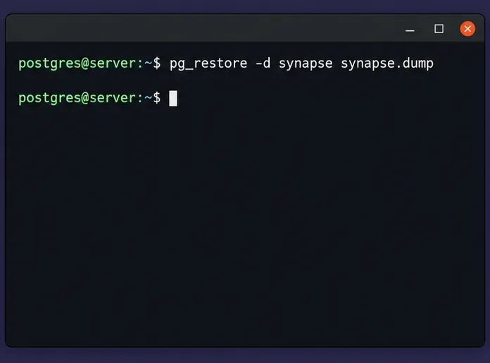PostgreSQL 터미널에서 pg_restore를 실행하여 사용자 지정 형식의 Synapse 아카이브를 Synapse 데이터베이스에 로드합니다.
