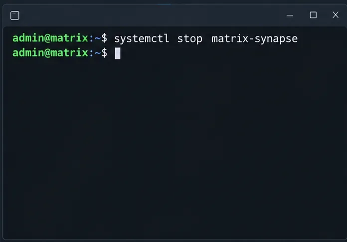 데이터베이스 복원 전에 Synapse 서비스가 중지되었음을 보여주는 Linux 터미널 화면입니다.