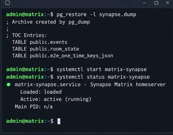 PostgreSQL 아카이브 목록을 검토하고 Synapse 시작 및 서비스 상태 명령을 표시하는 터미널 화면입니다.