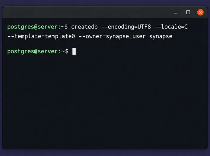 터미널에서 C 로케일, 템플릿 0, synapse_user 소유권으로 빈 UTF8 PostgreSQL 데이터베이스를 생성합니다.