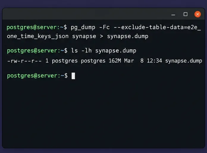 터미널에서 e2e_one_time_keys_json 데이터를 제외한 사용자 지정 형식으로 pg_dump를 실행한 후 파일 목록을 표시합니다.