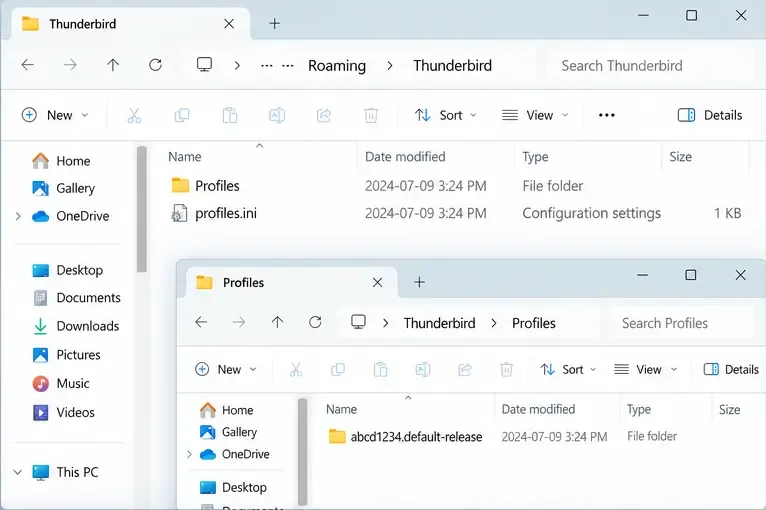 Der Windows-Datei-Explorer zeigt den Thunderbird-Ordner an, der Profiles und profiles.ini enthält, wobei sich im Ordner Profiles ein Profilordner befindet.