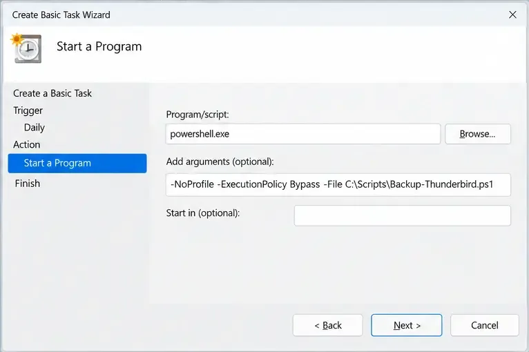 Der Windows-Assistent zum Erstellen einfacher Aufgaben ist so konfiguriert, dass powershell.exe mit dem Skript Backup-Thunderbird.ps1 als Argument gestartet wird.