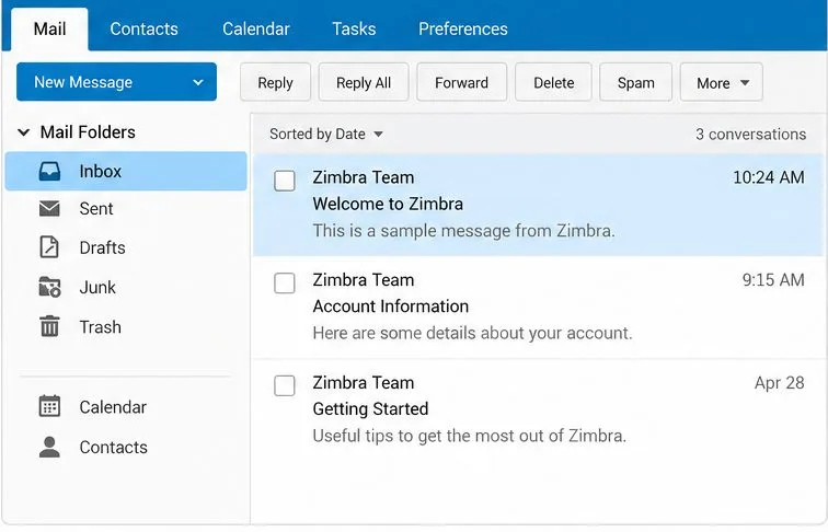 Zimbra 網頁郵件視圖,顯示資料夾清單和選定的範例郵件。