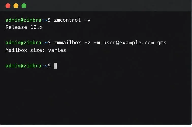 Linux 終端機顯示 Zimbra release 和 mailbox-size 指令。