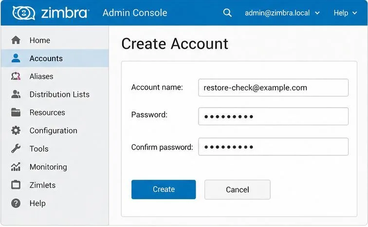 Zimbra 管理員帳戶建立表單,其中包含恢復檢查郵箱地址。
