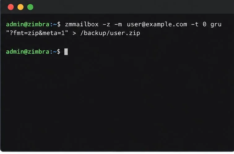 使用終端命令將 Zimbra 郵箱匯出為包含元資料的 ZIP 檔案。