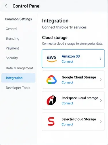Ilustración de la integración del panel de control que muestra Amazon S3, Google Cloud Storage, Rackspace Cloud Storage y Selectel Cloud Storage como integraciones de almacenamiento.