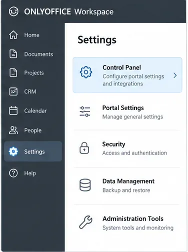 Ilustración de la interfaz de ONLYOFFICE Workspace que muestra la configuración con la entrada del Panel de control utilizada para acceder a la administración del portal.