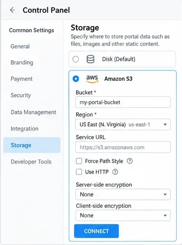 Ilustración de la configuración de almacenamiento de Amazon S3 que muestra el bucket, la región, la URL de servicio opcional, el estilo de ruta, el protocolo HTTP y la configuración de cifrado antes de la conexión.