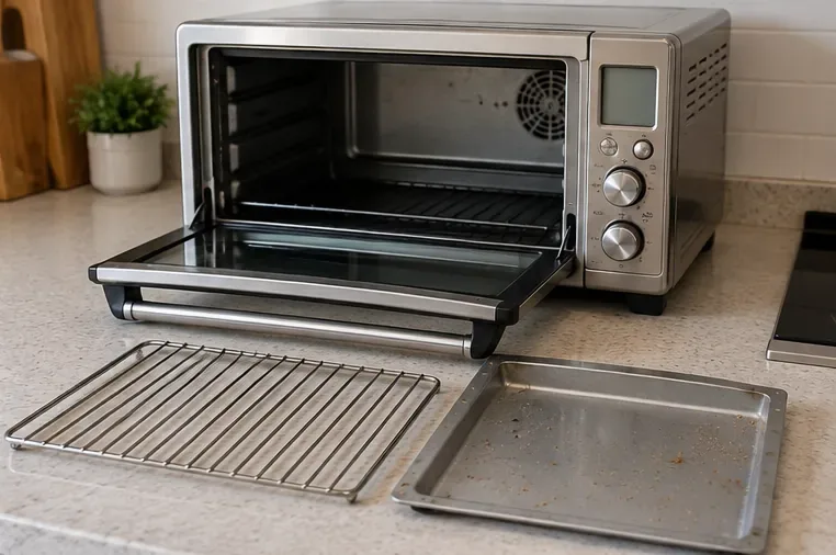 Een open roestvrijstalen broodroosteroven waarvan het rooster en de met kruimels bedekte metalen lekbak zijn verwijderd en op het aanrecht zijn geplaatst.