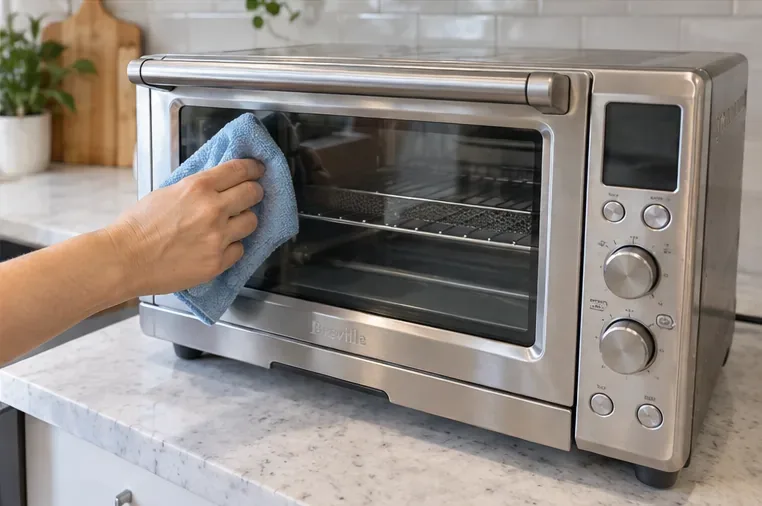 Een schone roestvrijstalen Breville broodroosteroven wordt na montage afgewreven met een zachte blauwe microvezeldoek, waarbij de glazen deur wordt schoongeveegd.
