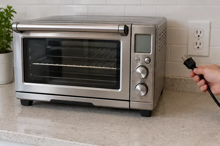 Een roestvrijstalen broodroosteroven in Breville-stijl op het aanrecht, waarvan de stekker uit het stopcontact is gehouden voordat deze wordt schoongemaakt.
