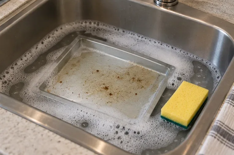 Een kruimellade van een broodrooster die in warm zeepsop in een roestvrijstalen gootsteen ligt te weken, naast een zachte keukenspons.