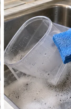 透明なピッチャー型の容器を、中性洗剤を薄めた水と柔らかい青い布でシンクで手洗いしている。