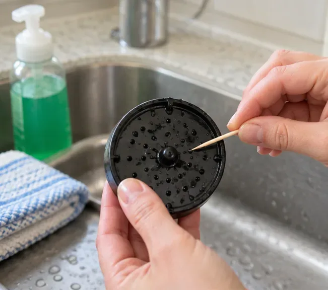 Handen maken met een tandenstoker de kleine gaatjes van een ronde, zwarte sproeikop schoon boven een gootsteen, met afwasmiddel en een doekje binnen handbereik.