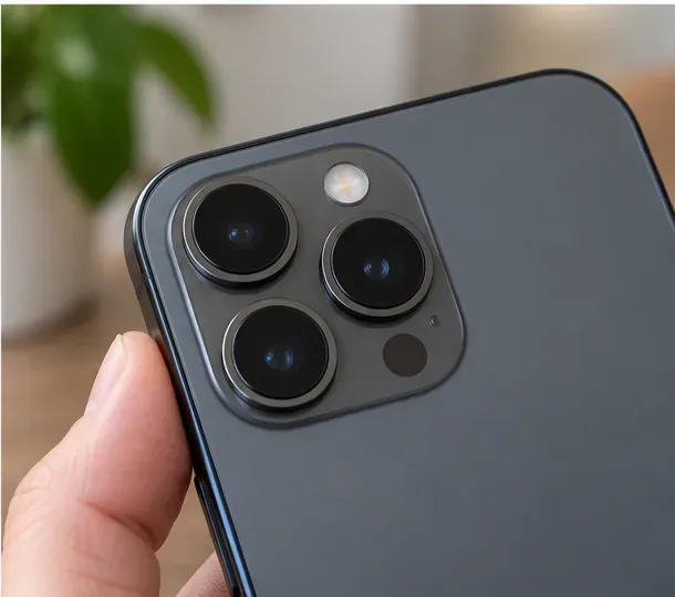 Een schoongemaakte smartphonecamera wordt na het afvegen nog een laatste keer gecontroleerd.