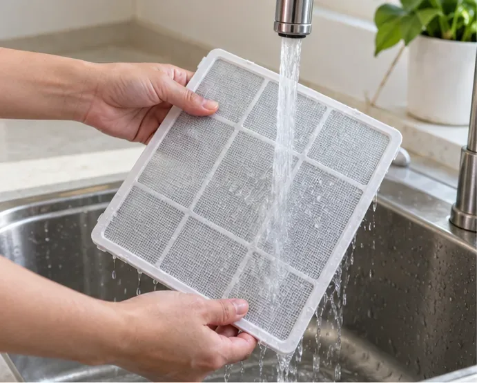 Een schoon, rechthoekig luchtontvochtigerfilter wordt onder zacht stromend water in een gootsteen afgespoeld.