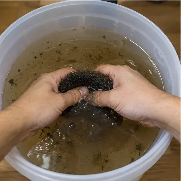 Twee handen knijpen zachtjes in een aquariumfilter spons onder troebel, verwijderd aquariumwater in een emmer.