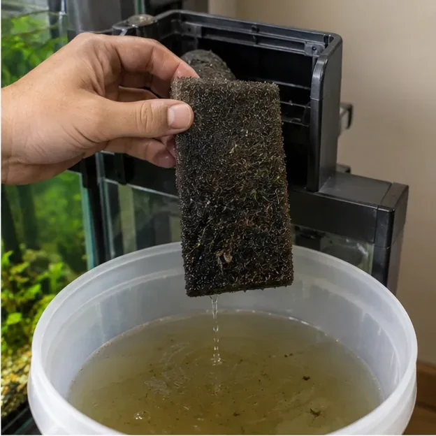 Een vuile, rechthoekige aquariumfilter spons wordt boven een emmer met afgetapt aquariumwater gehouden.