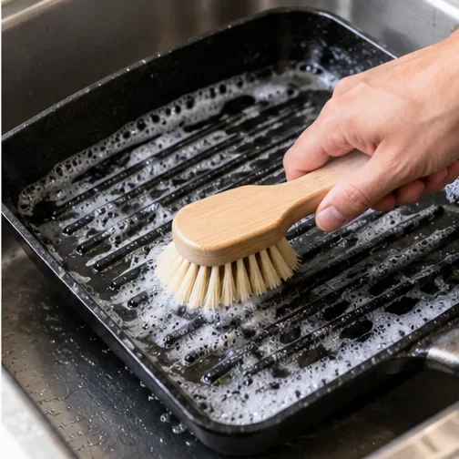 De ribbels van een grillpan worden met de hand geschrobd met een borstel met houten handvat (geen metaal) en warm zeepsop.