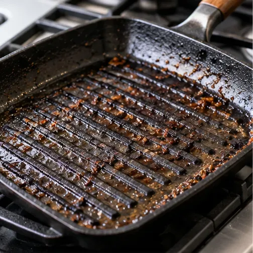 Een geribbelde grillpan op het fornuis met aangebrand vet en aangekoekt voedsel tussen de opstaande ribben.