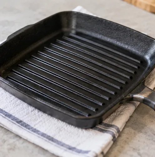 Een schone, geribbelde grillpan, na het afwassen, rustend op een droge keukendoek.