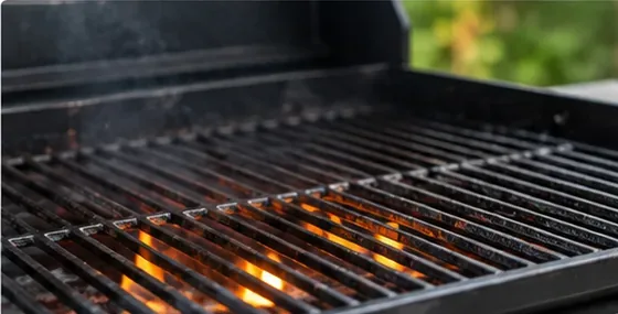 Een buitenbarbecue met donkere grillroosters die boven zichtbare vlammen verhit worden voordat het oppervlak wordt schoongemaakt.