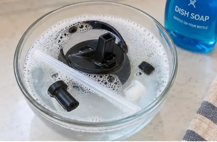 Onderdelen van een deksel met rietje in Hydro Flask-stijl en een doorzichtig rietje dat in een kom met warm zeepsop ligt te weken naast afwasmiddel.