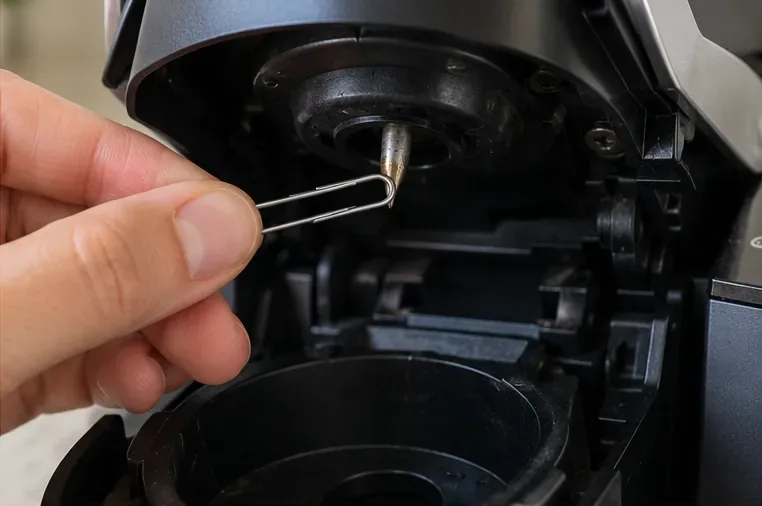 Steek voorzichtig een rechtgebogen paperclip in een opening op de bovenste naald van de Keurig.