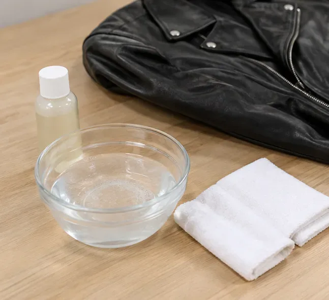 黒い革のジャケットの横には、水を入れたボウル、中性洗剤の小瓶、折りたたまれた白い布が置いてある。