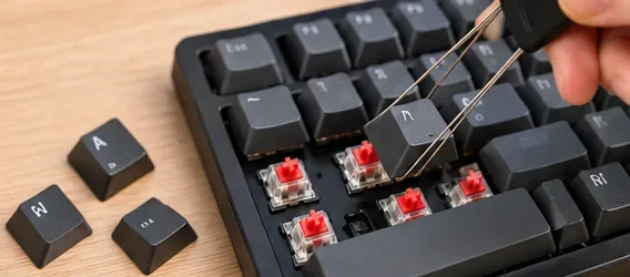 ワイヤー式のキーキャッププーラーで、黒いキーキャップをメカニカルキーボードからまっすぐ上に持ち上げている。近くには赤いスイッチが露出している。