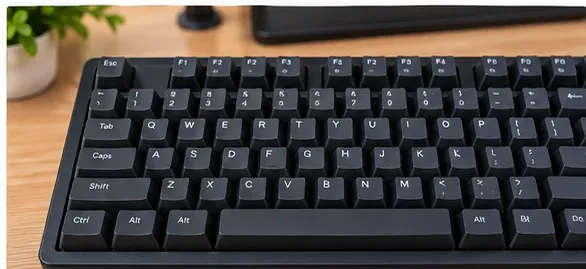 クリーニング後、完全に組み立て直されたコンパクトな黒色のメカニカルキーボードが、木製の机の上にきれいに置かれている。