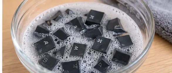 黒いメカニカルキーボードのキーキャップを、温かい石鹸水と泡で満たされたガラスのボウルに浸している。