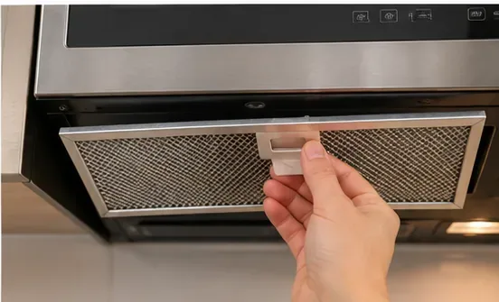 Een hand trekt een rechthoekig metalen vetfilter van de onderkant van een magnetron boven het fornuis naar beneden.