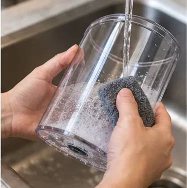 Het waterreservoir van de koffiemachine wordt in de gootsteen schoongemaakt met een zachte doek en stromend water.