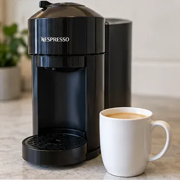 Een strakke, zwarte koffiemachine in Vertuo-stijl, weer in elkaar gezet naast een vers kopje koffie.