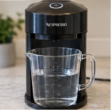 Koffiemachine in Vertuo-stijl met een grote, transparante maatbeker onder de koffie-uitloop.