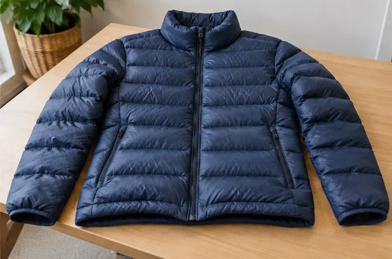 Een schone, donkerblauwe donsjas ligt plat op een houten tafel, met gelijkmatig opgezette vulling na het drogen.