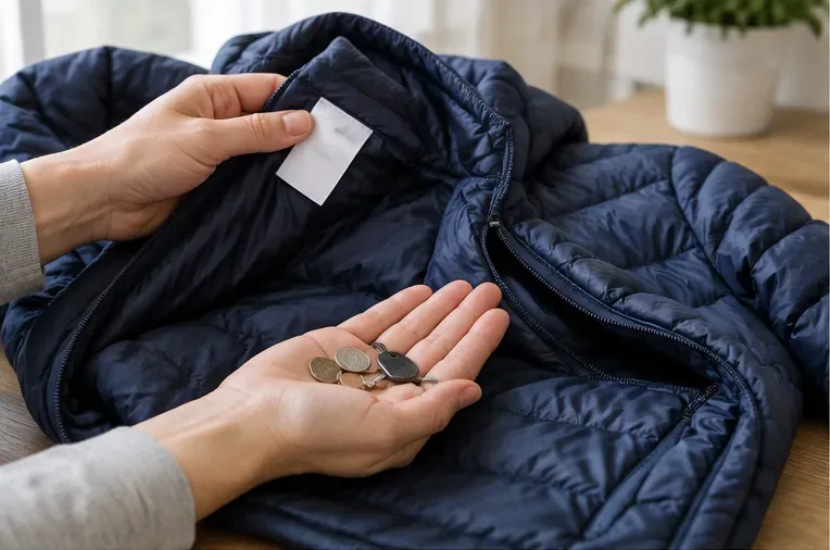Handen controleren het waslabel aan de binnenkant en halen kleine voorwerpen uit de zakken van een donkerblauwe donsjas voordat deze gewassen wordt.