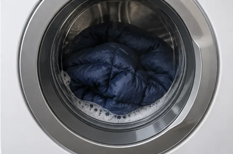 Een donkerblauwe gewatteerde donsjas wordt gewassen in de glazen deur van een wasmachine met voorlader, waarbij lichte zeepbellen zichtbaar zijn.